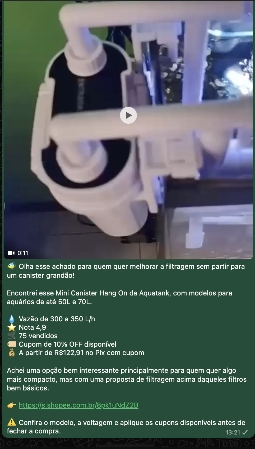 Publicação real do canal sobre um mini canister Hang On, mostrando aplicação, vazão, avaliação, vendas, cupom, preço e cuidados antes da compra