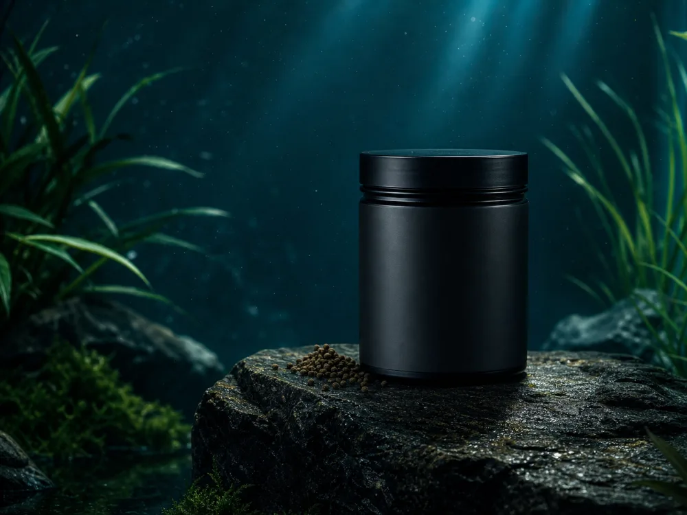 Pote sem marca de ração premium sobre pedra em cenário subaquático