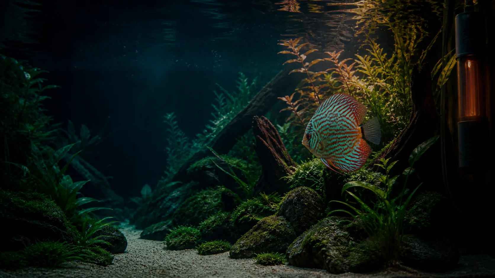 Aquário tropical iluminado representando promoções de termostatos para aquário