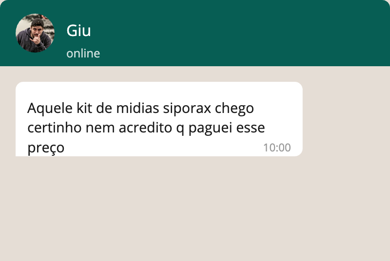 Mensagem de Giu contando que o kit de mídias Siporax chegou corretamente e por um preço surpreendente