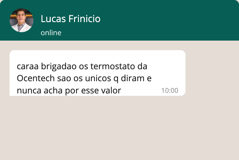 Mensagem de Lucas agradecendo por encontrar termostatos Oceantech por um valor difícil de achar